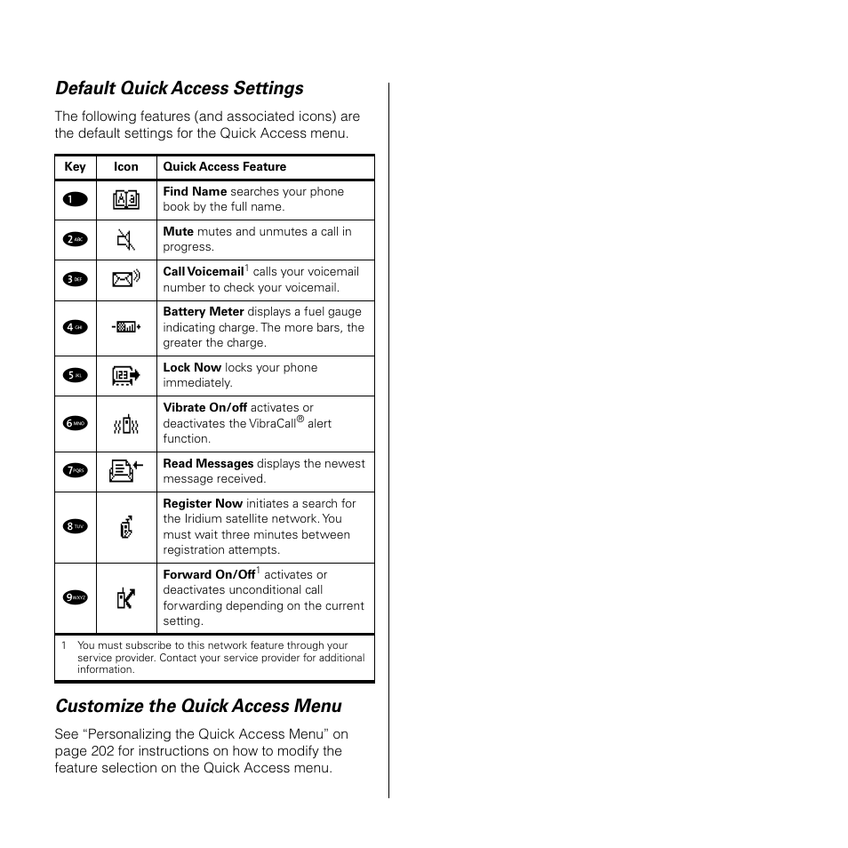 Default quick access settings, Customize the quick access menu | Motorola 9505 User Manual | Page 75 / 228
