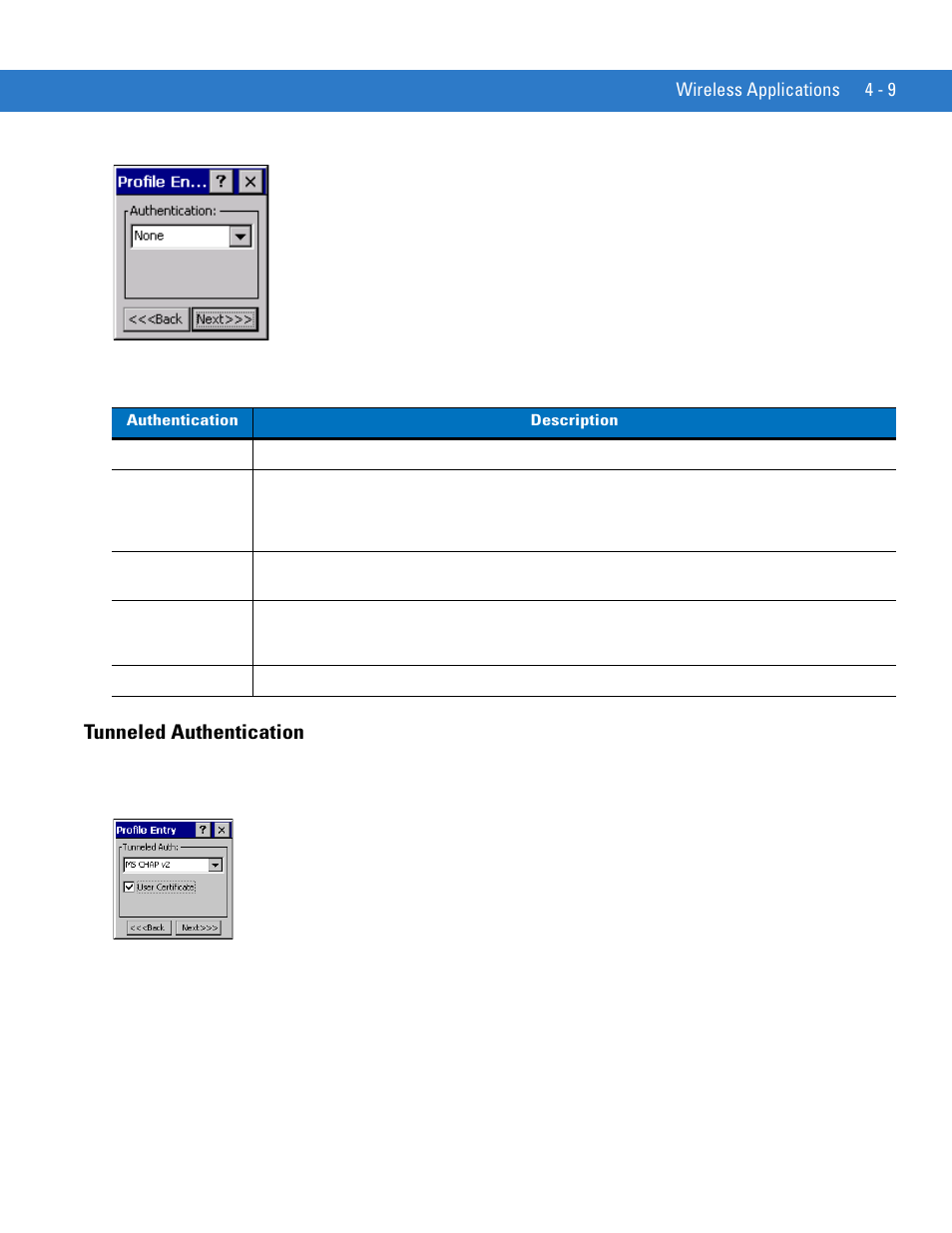 Tunneled authentication, Tunneled authentication -9, Table 4-7 | Motorola VC5090 User Manual | Page 103 / 258