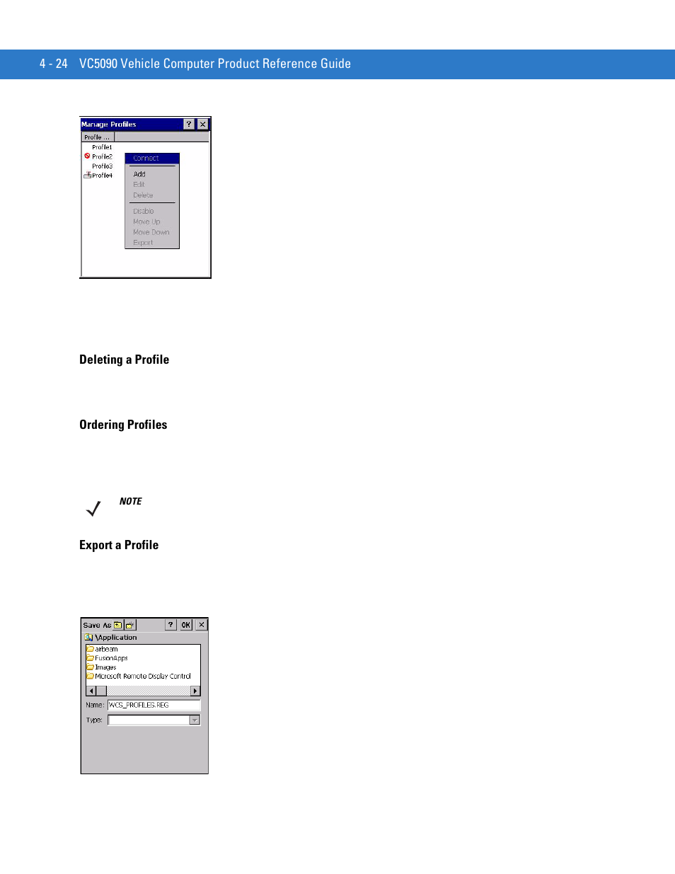 Deleting a profile, Ordering profiles, Export a profile | Motorola VC5090 User Manual | Page 118 / 258