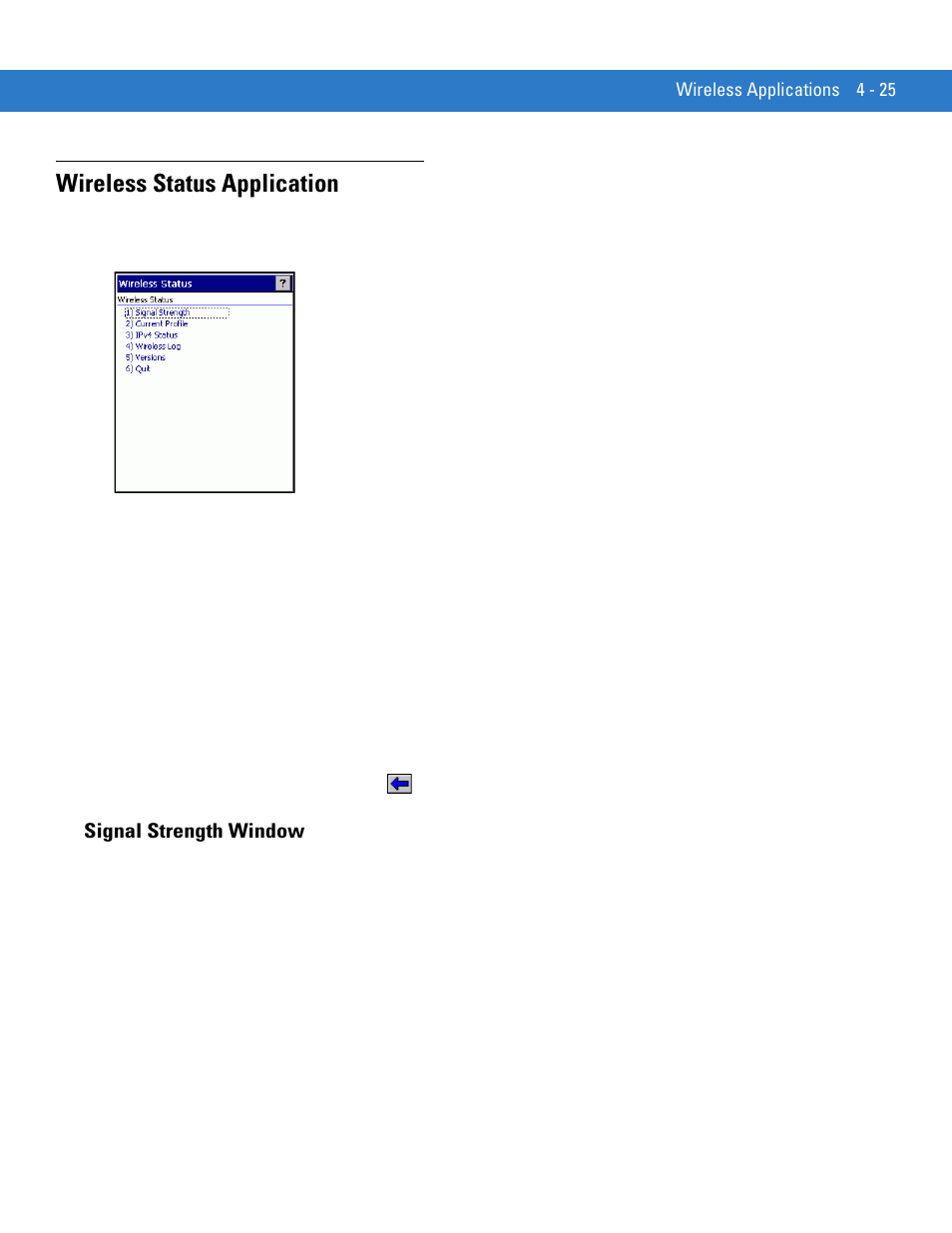 Wireless status application, Signal strength window, Wireless status application -25 | Signal strength window -25 | Motorola VC5090 User Manual | Page 119 / 258