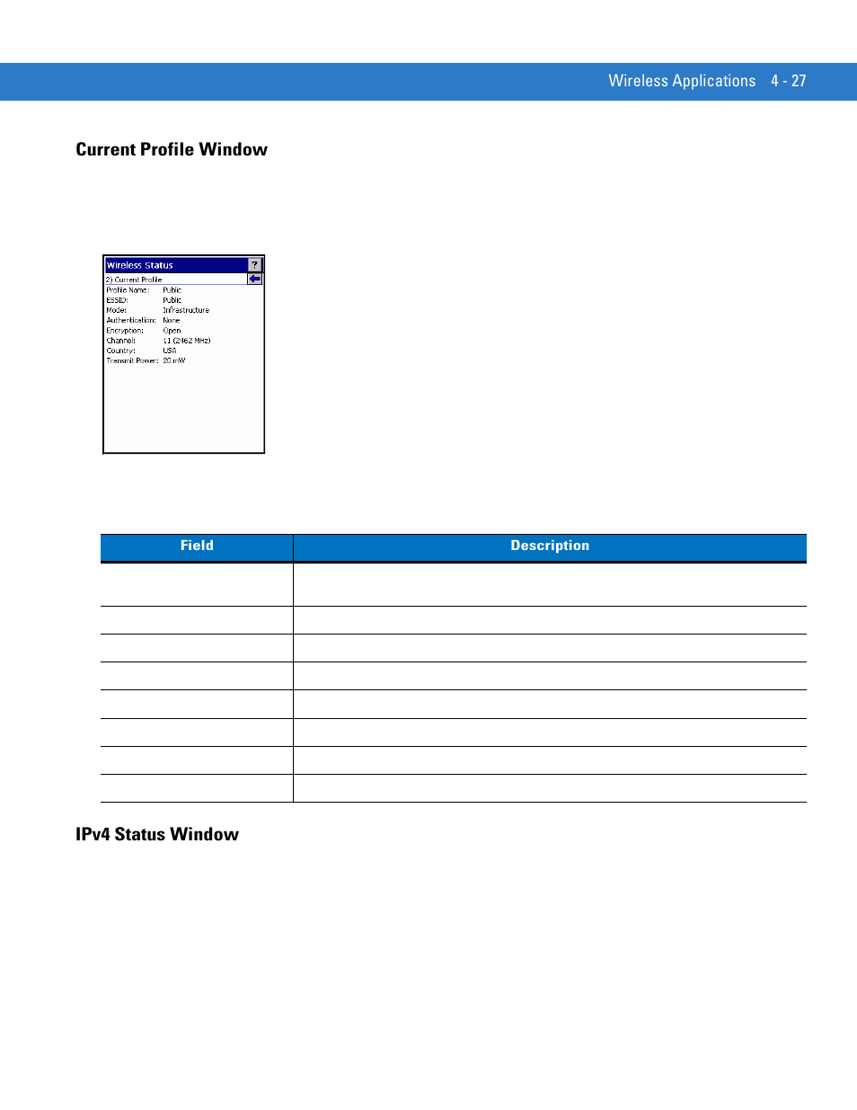 Current profile window, Ipv4 status window, Current profile window -27 ipv4 status window -27 | Motorola VC5090 User Manual | Page 121 / 258