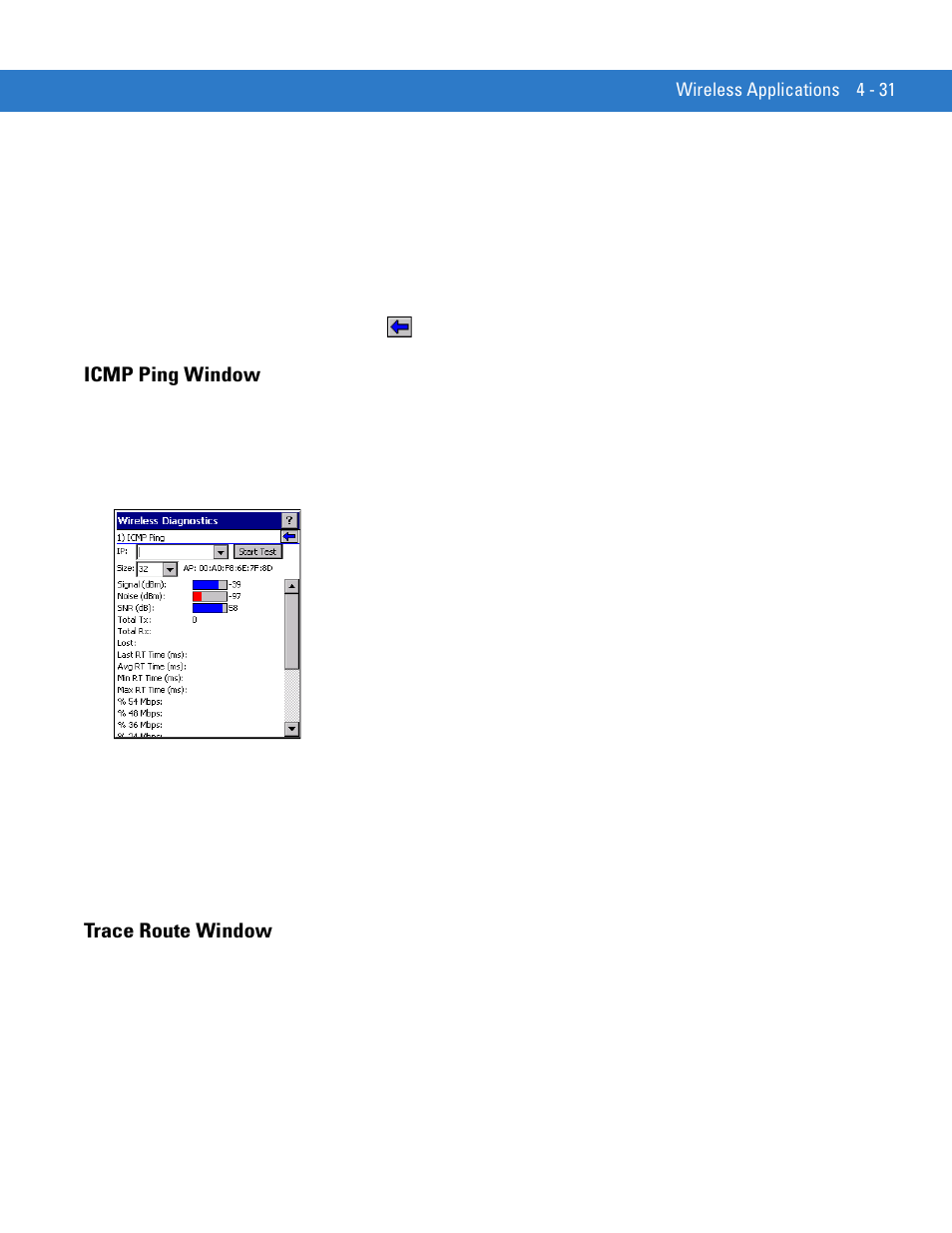 Icmp ping window, Trace route window, Icmp ping window -31 trace route window -31 | Motorola VC5090 User Manual | Page 125 / 258