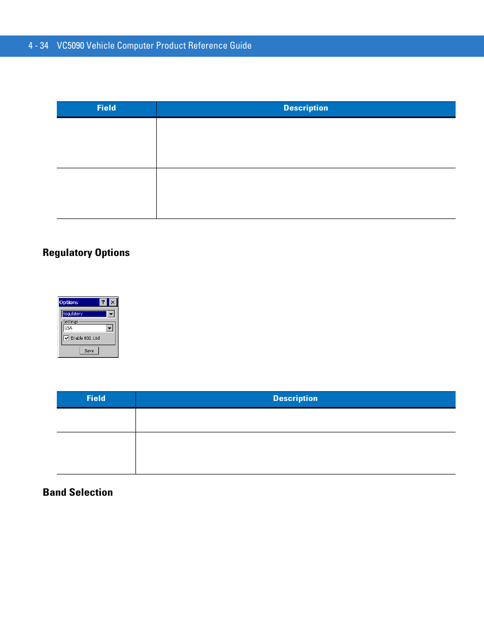 Regulatory options, Band selection, Regulatory options -34 band selection -34 | Motorola VC5090 User Manual | Page 128 / 258