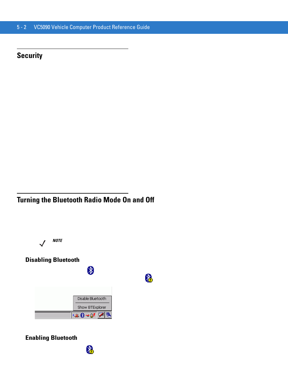 Security, Turning the bluetooth radio mode on and off, Disabling bluetooth | Enabling bluetooth, Disabling bluetooth -2 enabling bluetooth -2 | Motorola VC5090 User Manual | Page 136 / 258