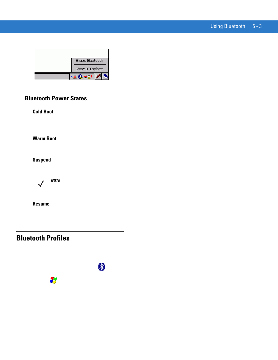 Bluetooth power states, Cold boot, Warm boot | Suspend, Resume, Bluetooth profiles, Bluetooth power states -3, Cold boot -3 warm boot -3 suspend -3 resume -3, Bluetooth profiles -3 | Motorola VC5090 User Manual | Page 137 / 258