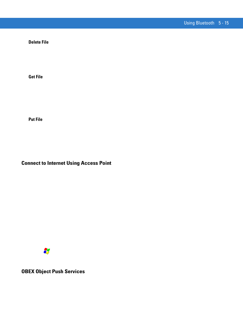 Delete file, Get file, Put file | Connect to internet using access point, Obex object push services, Delete file -15 get file -15 put file -15 | Motorola VC5090 User Manual | Page 149 / 258