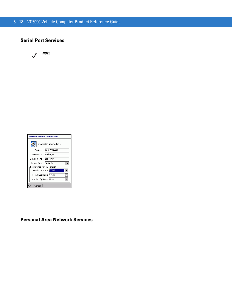 Serial port services, Personal area network services | Motorola VC5090 User Manual | Page 152 / 258