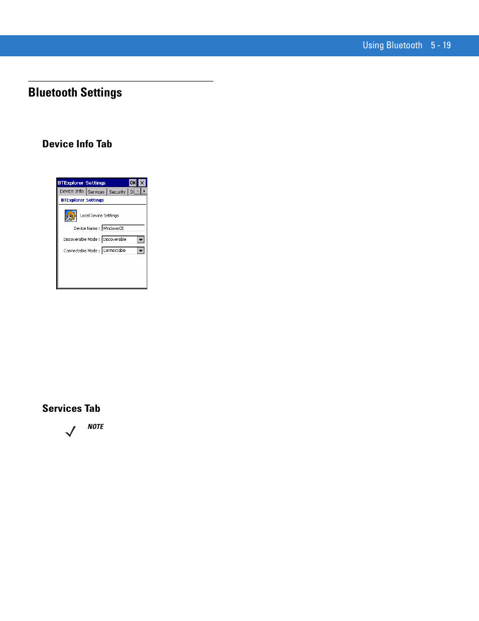 Bluetooth settings, Device info tab, Services tab | Bluetooth settings -19, Device info tab -19 services tab -19 | Motorola VC5090 User Manual | Page 153 / 258