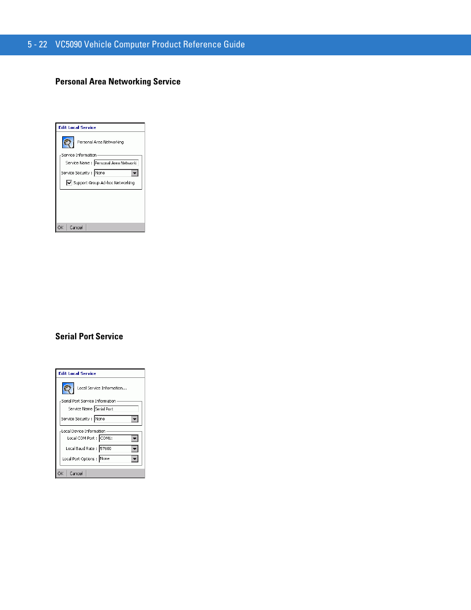 Personal area networking service, Serial port service | Motorola VC5090 User Manual | Page 156 / 258