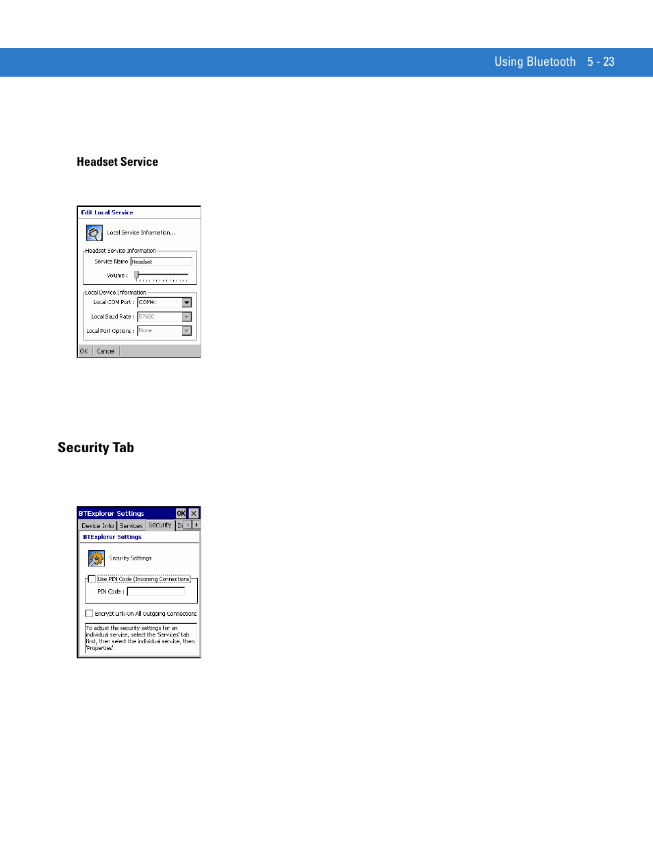 Headset service, Security tab, Headset service -23 | Security tab -23 | Motorola VC5090 User Manual | Page 157 / 258