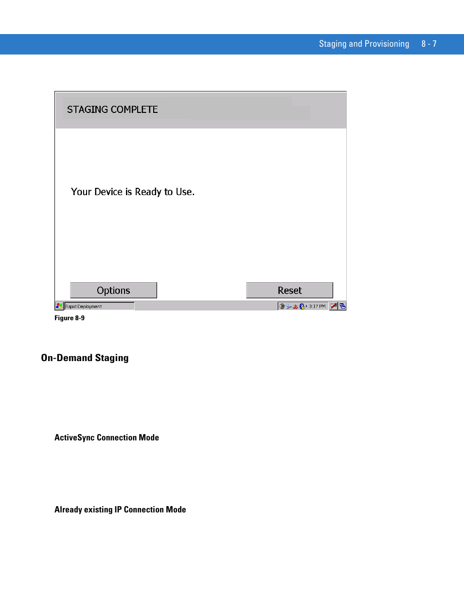 On-demand staging, Activesync connection mode, Already existing ip connection mode | On-demand staging -7 | Motorola VC5090 User Manual | Page 197 / 258