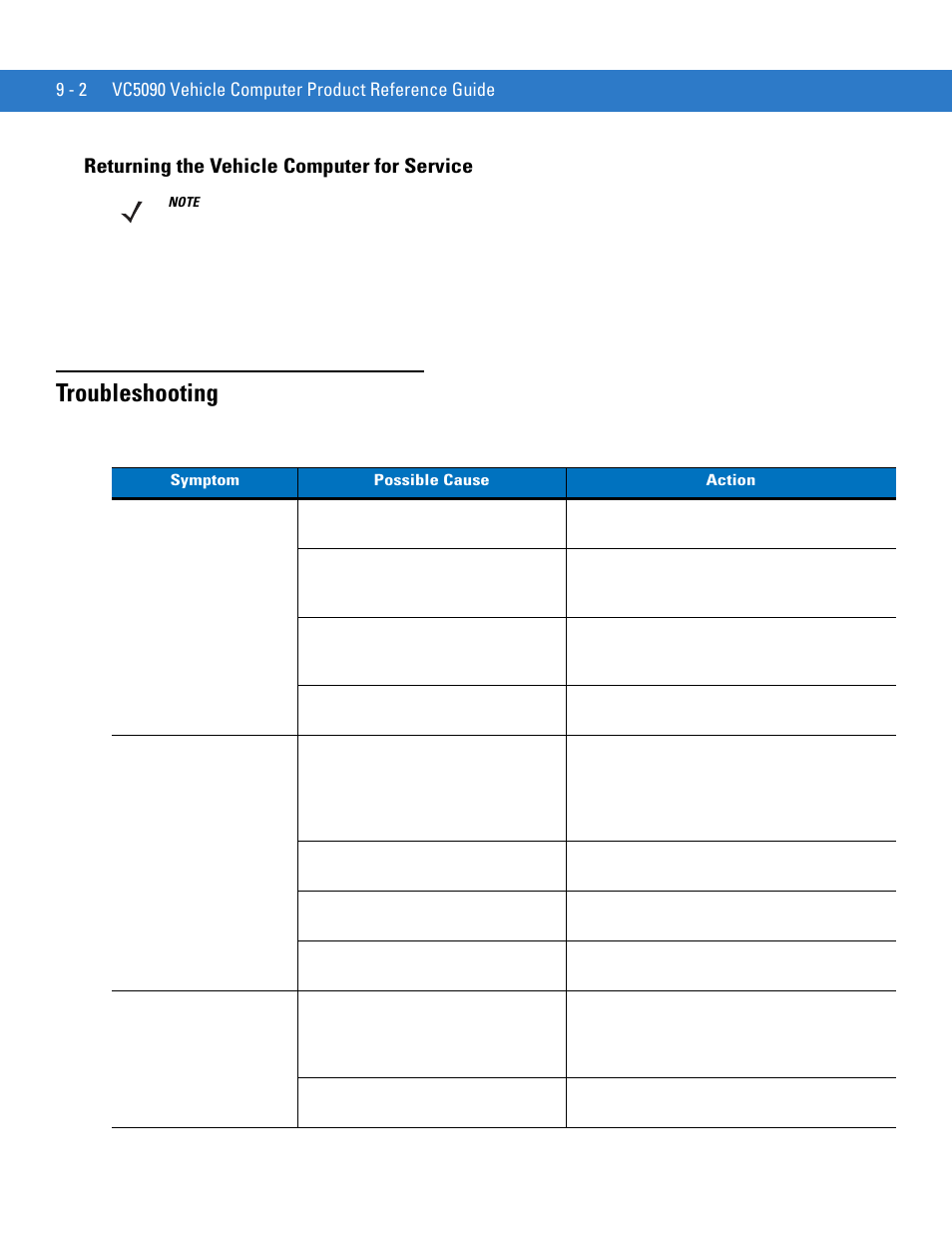 Returning the vehicle computer for service, Troubleshooting, Returning the vehicle computer for service -2 | Troubleshooting -2 | Motorola VC5090 User Manual | Page 222 / 258