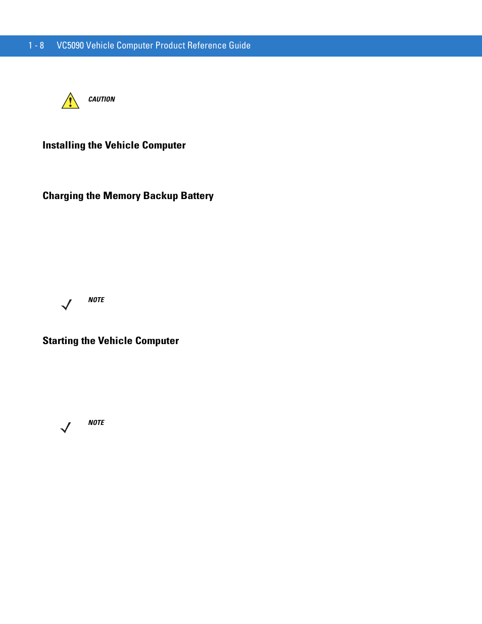 Installing the vehicle computer, Charging the memory backup battery, Starting the vehicle computer | Motorola VC5090 User Manual | Page 28 / 258