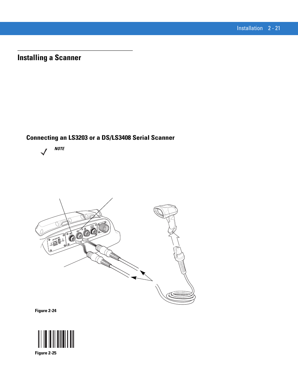 Installing a scanner, Connecting an ls3203 or a ds/ls3408 serial scanner, Installing a scanner -21 | Motorola VC5090 User Manual | Page 49 / 258