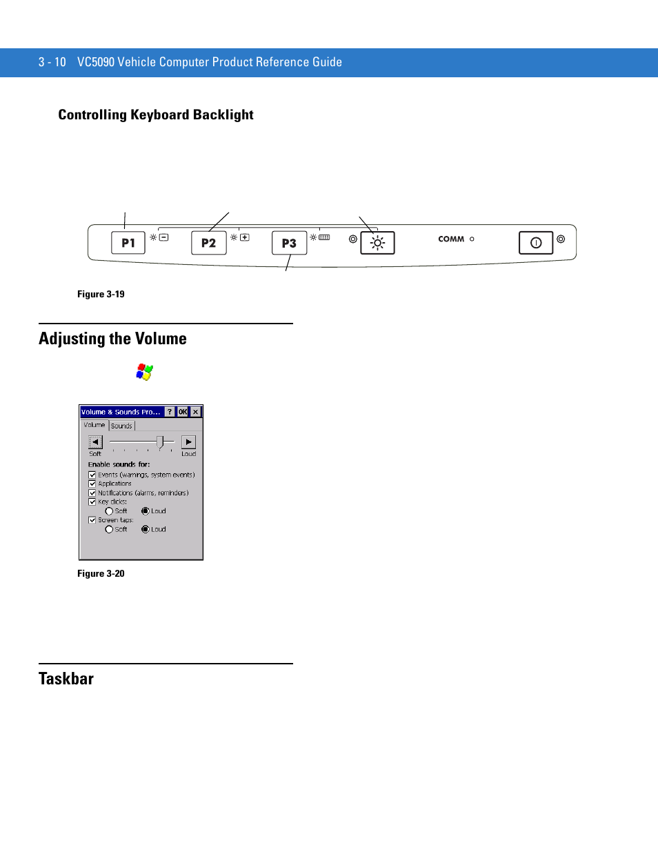 Controlling keyboard backlight, Adjusting the volume, Taskbar | Controlling keyboard backlight -10, Adjusting the volume -10 taskbar -10 | Motorola VC5090 User Manual | Page 82 / 258