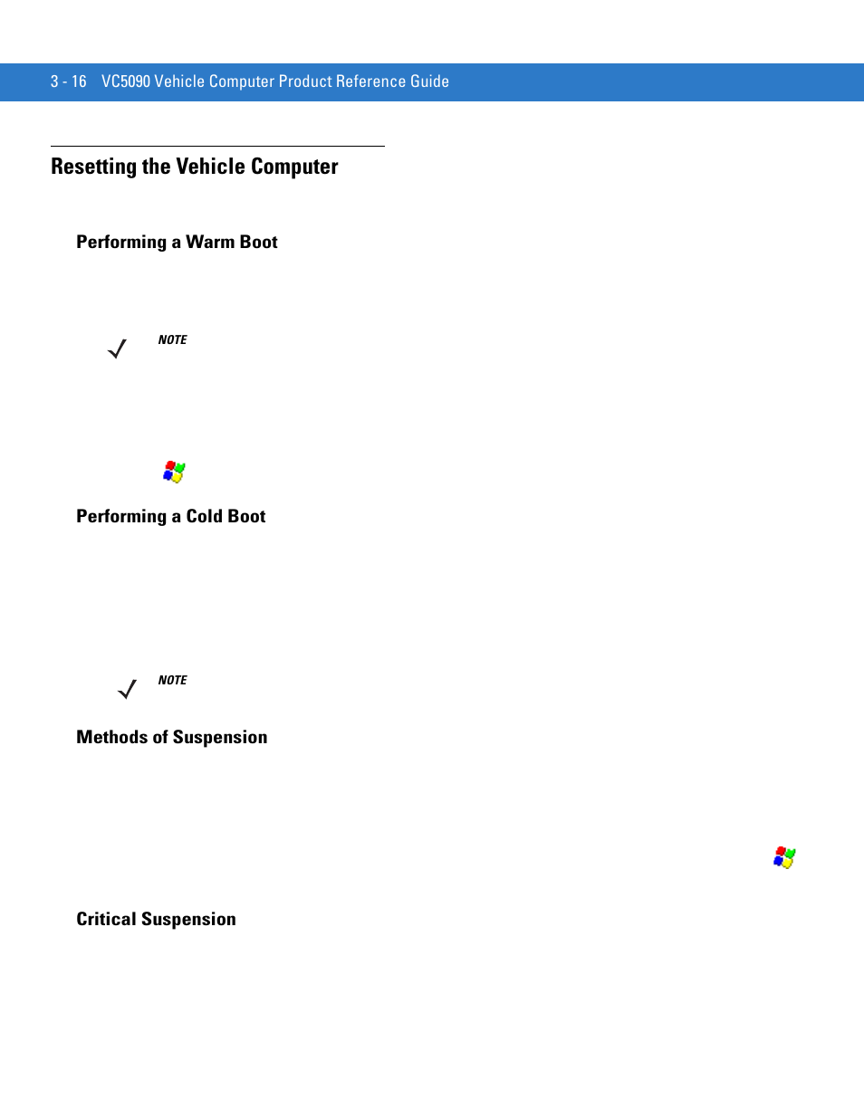 Resetting the vehicle computer, Performing a warm boot, Performing a cold boot | Methods of suspension, Critical suspension, Resetting the vehicle computer -16 | Motorola VC5090 User Manual | Page 88 / 258