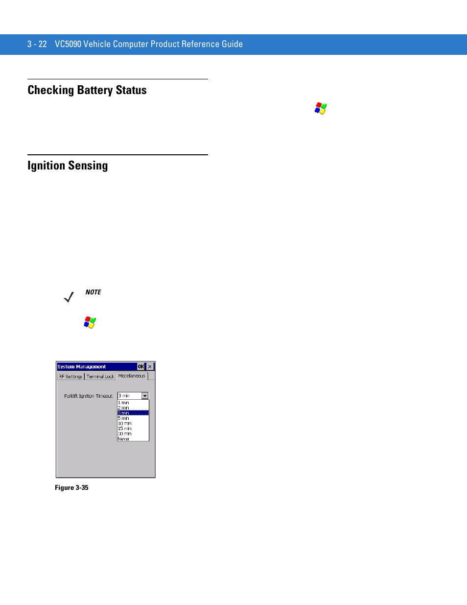 Checking battery status, Ignition sensing, Checking battery status -22 ignition sensing -22 | Motorola VC5090 User Manual | Page 94 / 258