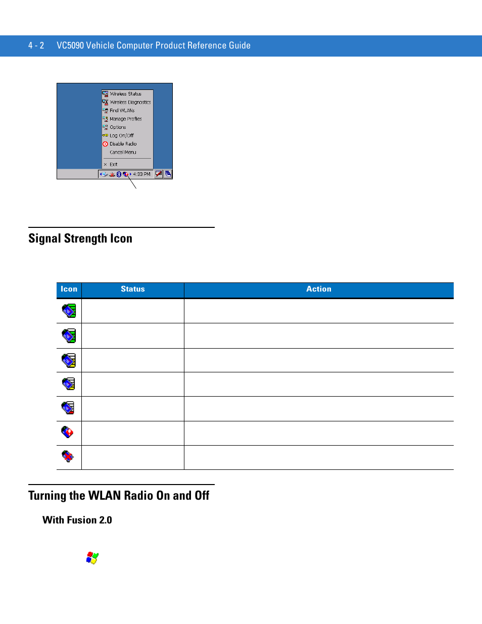 Signal strength icon, Turning the wlan radio on and off, With fusion 2.0 | With fusion 2.0 -2 | Motorola VC5090 User Manual | Page 96 / 258