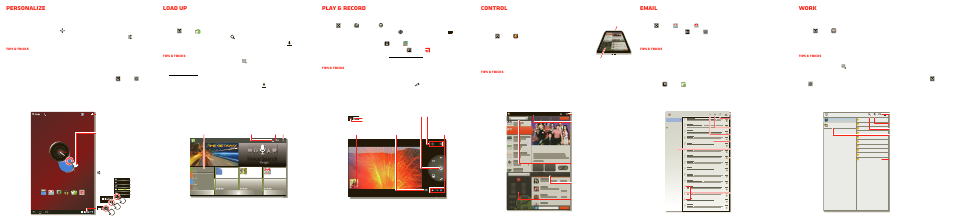 Personalize, Email, Work | Load up, Play & record, Control, Voice search, Tips & tricks | Motorola 8.2 User Manual | Page 2 / 2