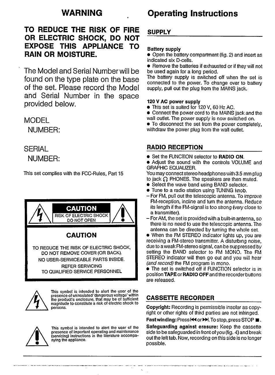 Operating instructions, Supply, Radio reception | Cassette recorder, Warning operating instructions | Motorola AW 7390 User Manual | Page 2 / 6