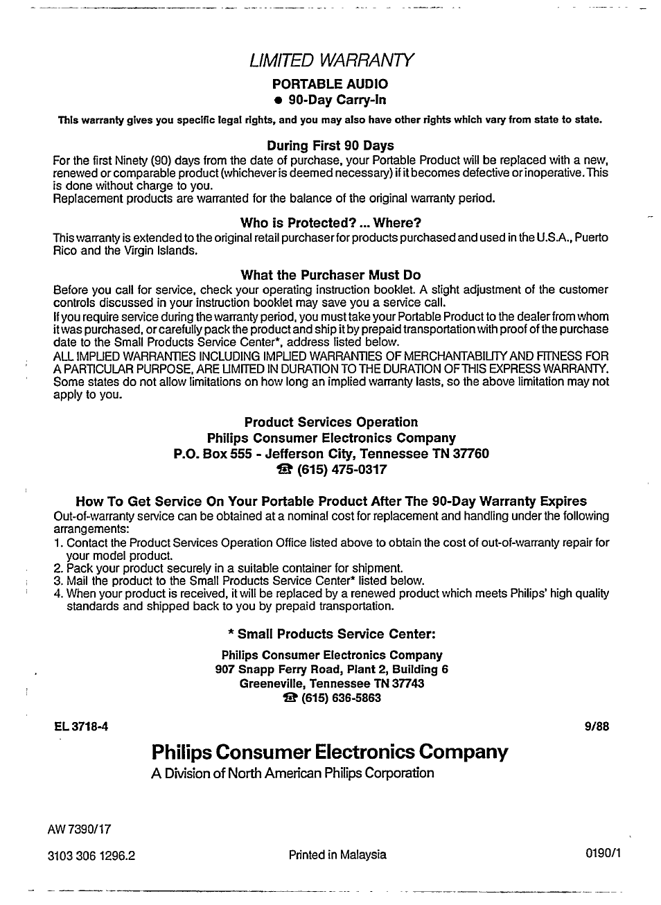Philips consumer electronics company, Limited warranty | Motorola AW 7390 User Manual | Page 3 / 6