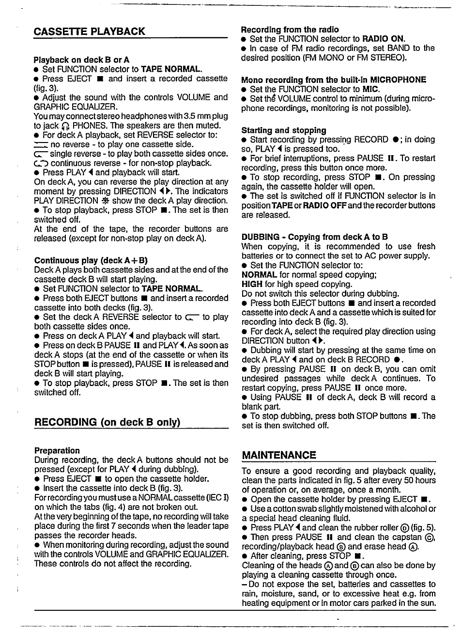 Cassette playback, Recording (on deck b only), Preparation | Maintenance | Motorola AW 7390 User Manual | Page 5 / 6