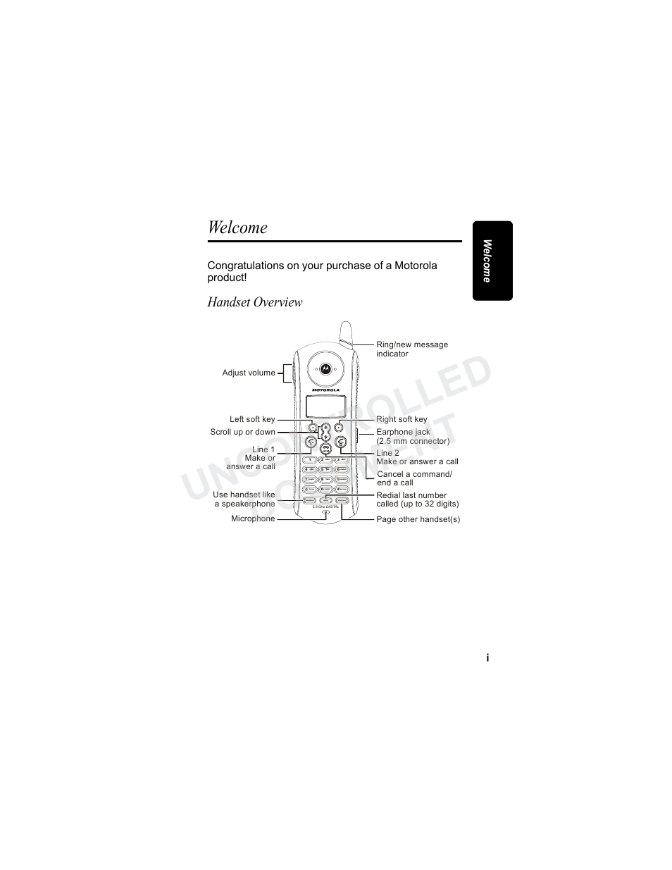 Welcome, Uncontrolled document, Handset overview | Motorola MD7080 Series User Manual | Page 2 / 68