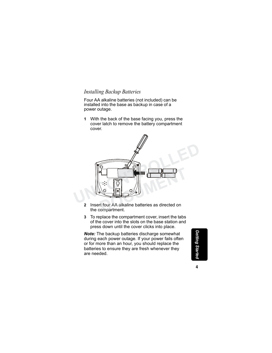 Installing backup batteries, Uncontrolled document | Motorola MD7080 Series User Manual | Page 20 / 68