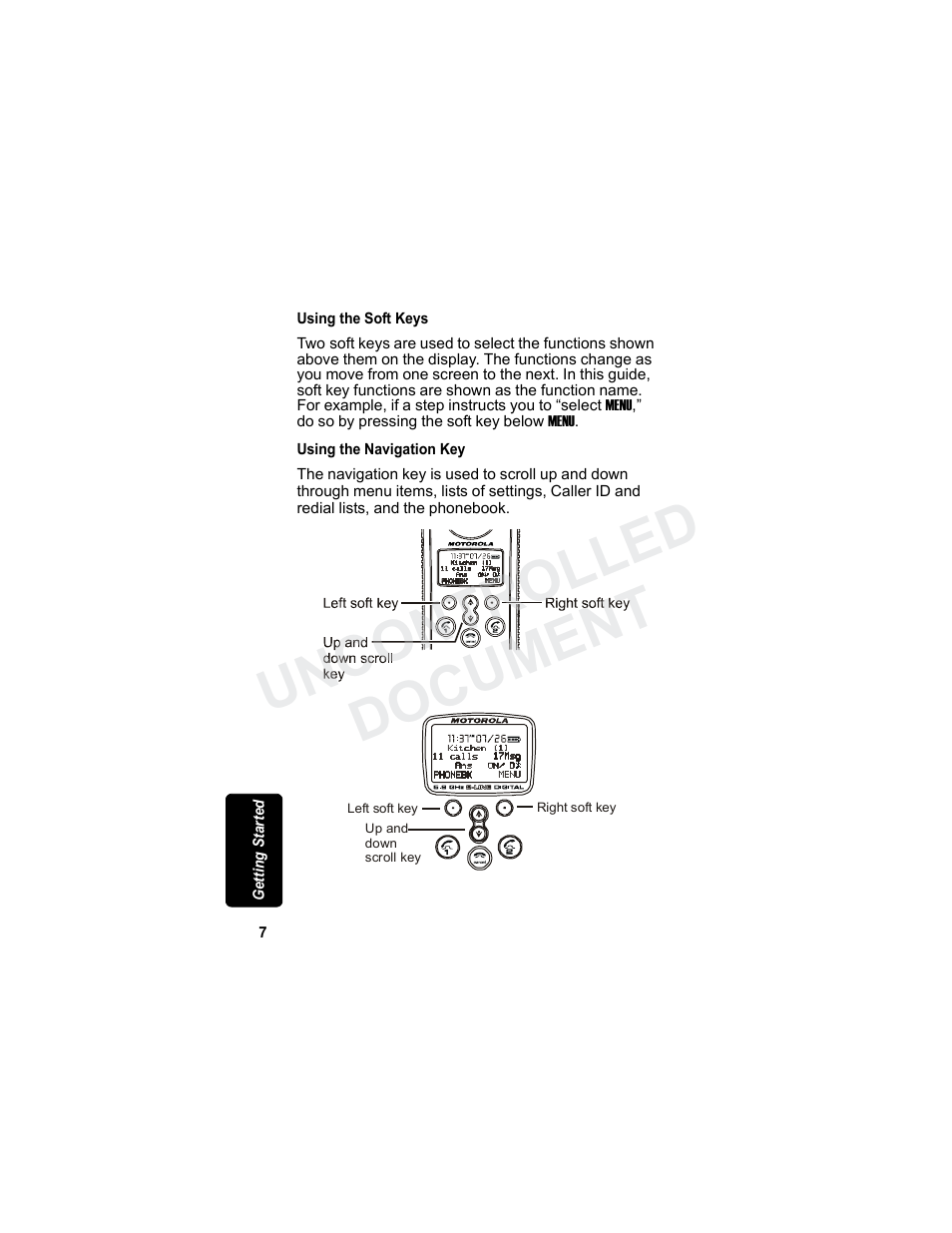 Using the soft keys, Using the navigation key, Using the soft keys using the navigation key | Uncontrolled document | Motorola MD7080 Series User Manual | Page 23 / 68