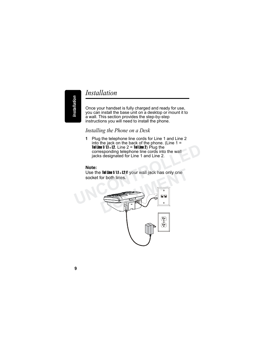 Installation, Installing the phone on a desk, Uncontrolled document | Motorola MD7080 Series User Manual | Page 25 / 68