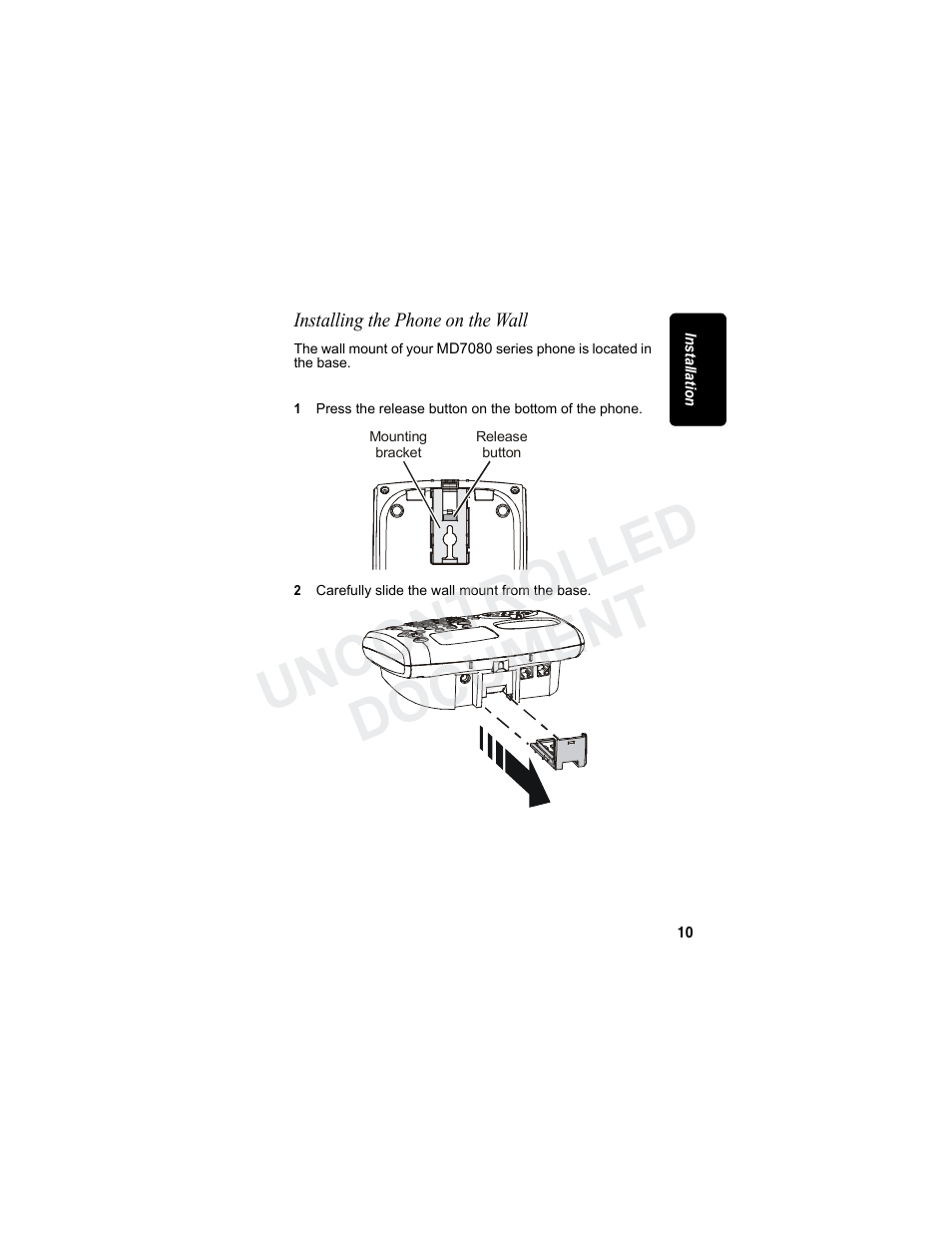 Installing the phone on the wall, Uncontrolled document | Motorola MD7080 Series User Manual | Page 26 / 68