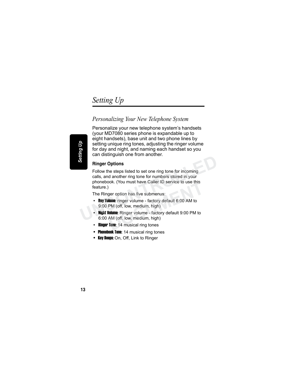 Setting up, Personalizing your new telephone system, Ringer options | Uncontrolled, Uncontrolled document | Motorola MD7080 Series User Manual | Page 29 / 68