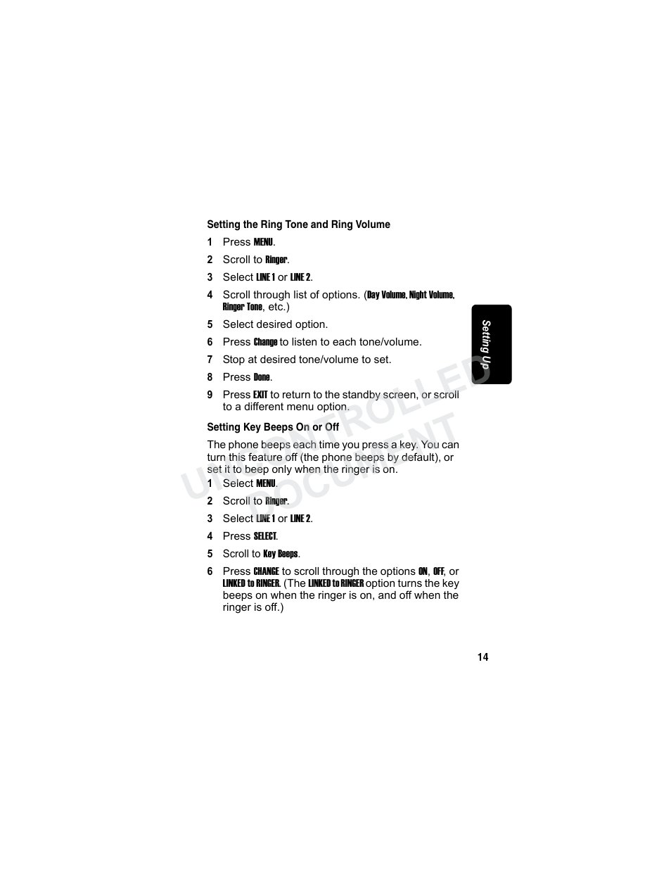Setting the ring tone and ring volume, Setting key beeps on or off, Document | Uncontrolled document | Motorola MD7080 Series User Manual | Page 30 / 68
