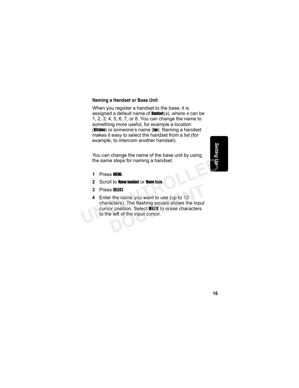 Naming a handset or base unit, Uncontrolled document | Motorola MD7080 Series User Manual | Page 32 / 68
