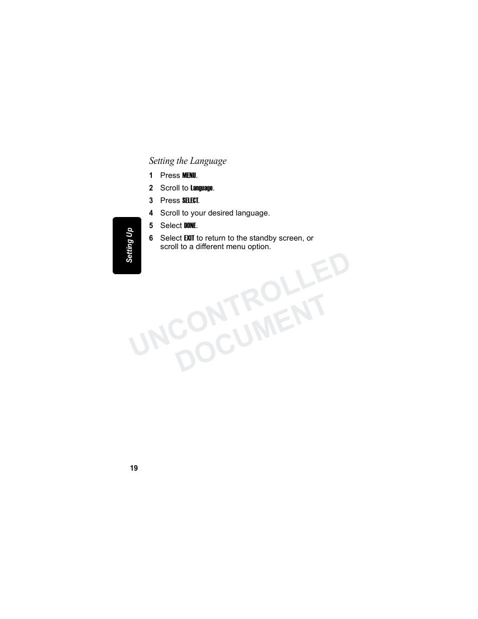Setting the language, Uncontrolled document | Motorola MD7080 Series User Manual | Page 35 / 68
