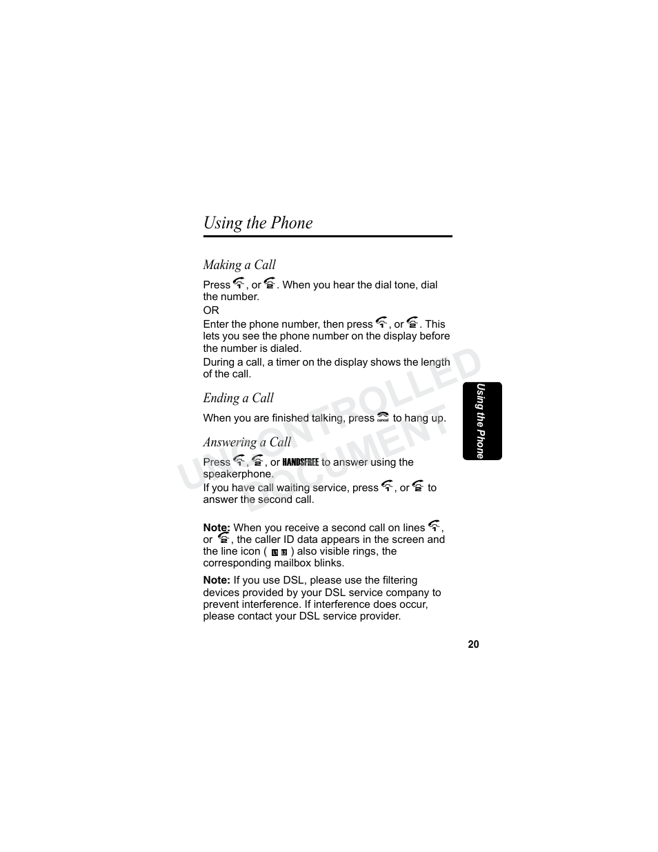 Using the phone, Making a call, Ending a call | Answering a call, Making a call ending a call answering a call, Min a r y, Uncontrolled document | Motorola MD7080 Series User Manual | Page 36 / 68