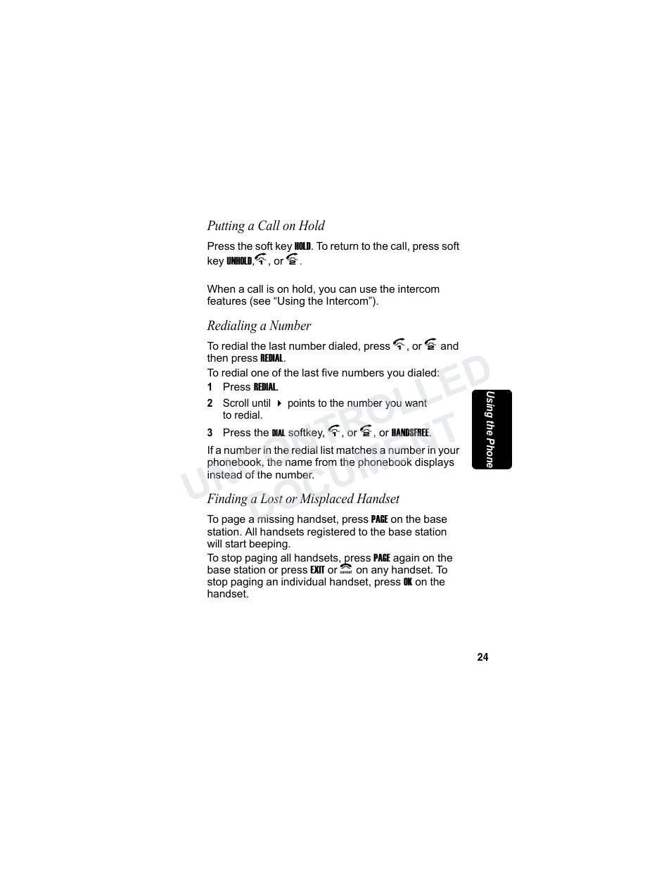 Putting a call on hold, Redialing a number, Finding a lost or misplaced handset | Min a r y, Uncontrolled document | Motorola MD7080 Series User Manual | Page 40 / 68