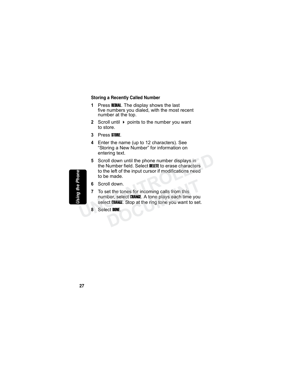 Storing a recently called number, Rli m in a r y, Uncontrolled document | Motorola MD7080 Series User Manual | Page 43 / 68