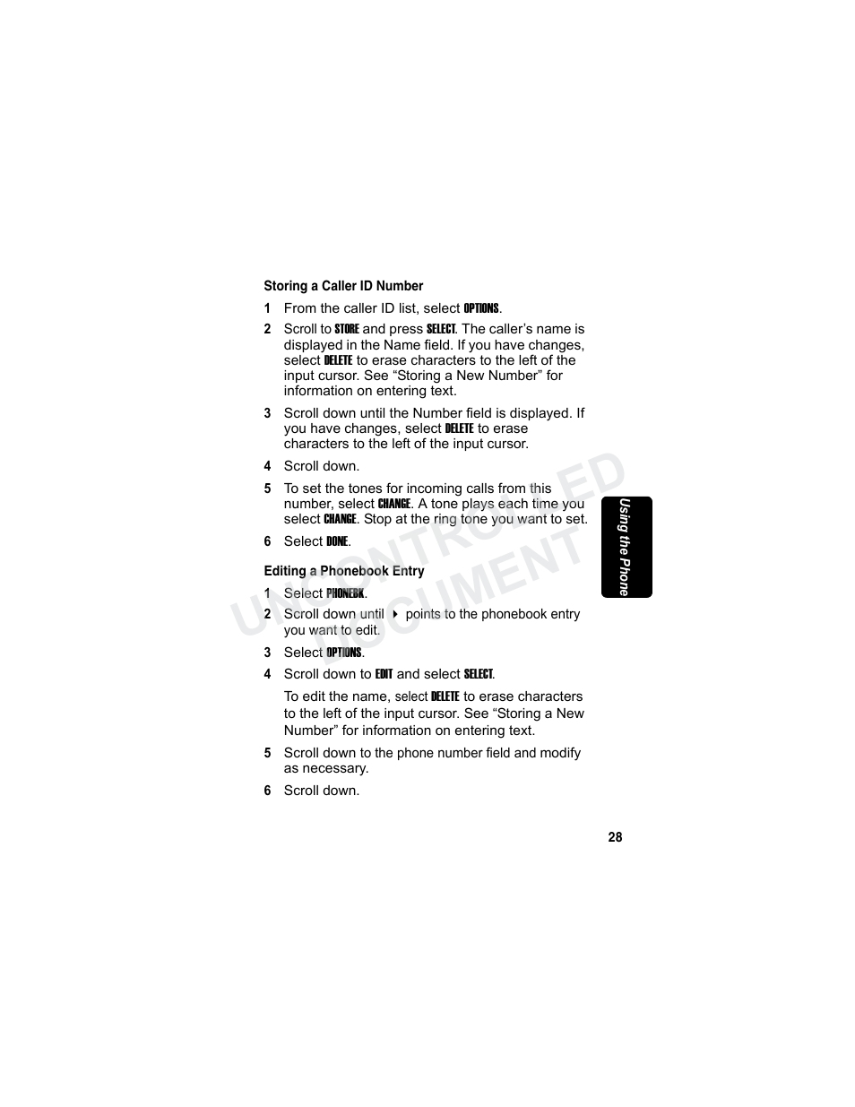 Storing a caller id number, Editing a phonebook entry, Min a r y | Uncontrolled document | Motorola MD7080 Series User Manual | Page 44 / 68