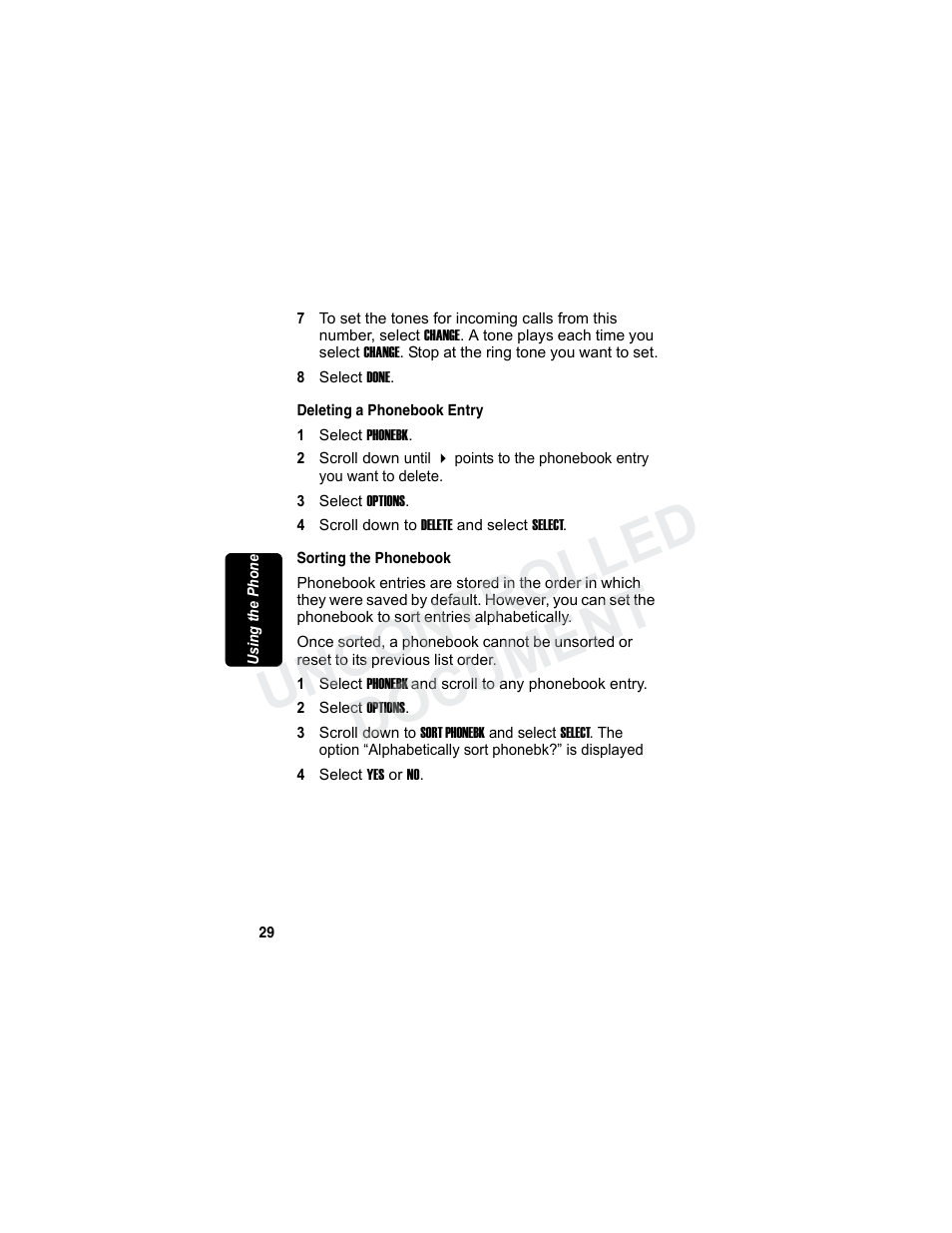 Deleting a phonebook entry, Sorting the phonebook, Deleting a phonebook entry sorting the phonebook | Rli m in a r y, Uncontrolled document | Motorola MD7080 Series User Manual | Page 45 / 68