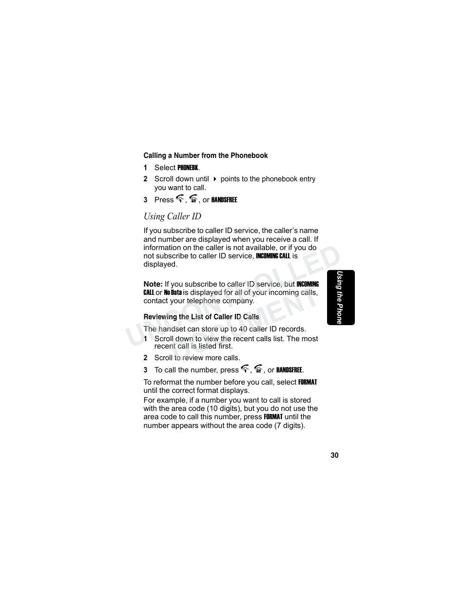 Calling a number from the phonebook, Using caller id, Reviewing the list of caller id calls | Min a r y, Uncontrolled document | Motorola MD7080 Series User Manual | Page 46 / 68
