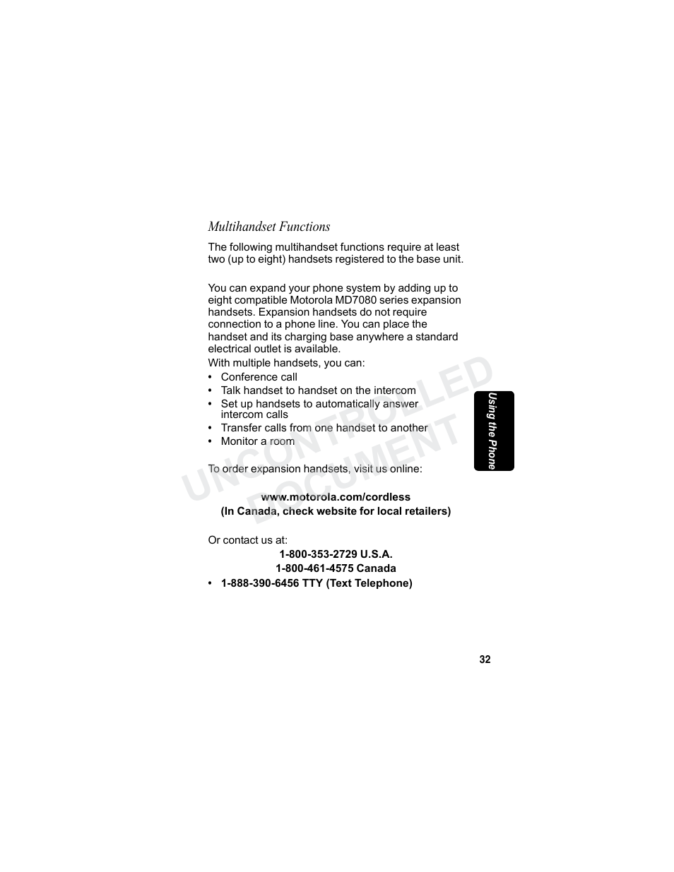 Multihandset functions, Min a r y, Uncontrolled document | Motorola MD7080 Series User Manual | Page 48 / 68