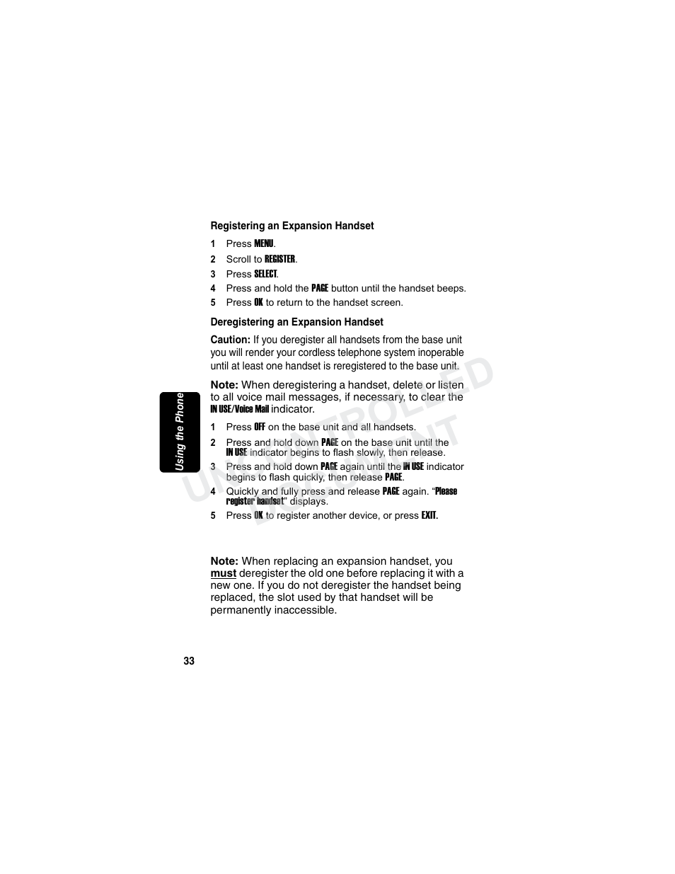 Registering an expansion handset, Deregistering an expansion handset, Uncontrolled | Rli m in a r y, Uncontrolled document | Motorola MD7080 Series User Manual | Page 49 / 68