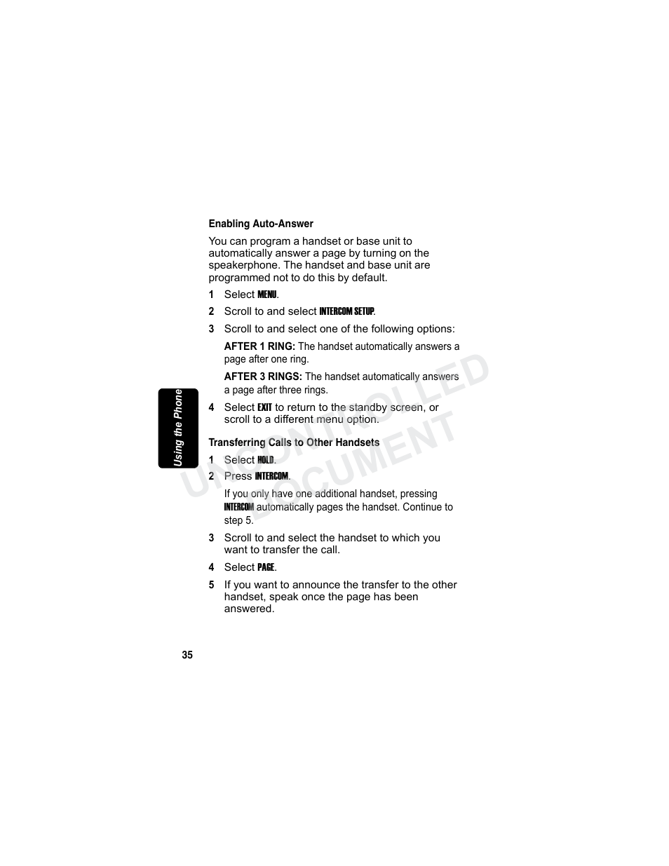 Enabling auto-answer, Transferring calls to other handsets, Document | Rli m in a r y, Uncontrolled document | Motorola MD7080 Series User Manual | Page 51 / 68
