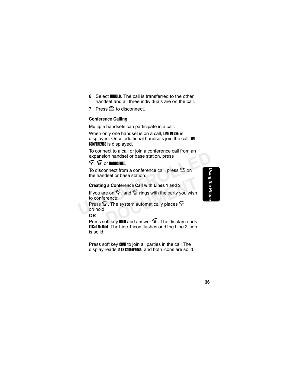 Conference calling, Creating a conference call with lines 1 and 2, Min a r y | Uncontrolled document | Motorola MD7080 Series User Manual | Page 52 / 68