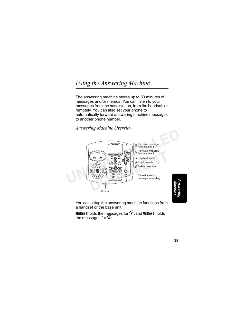 Using the answering machine, Uncontrolled document | Motorola MD7080 Series User Manual | Page 54 / 68