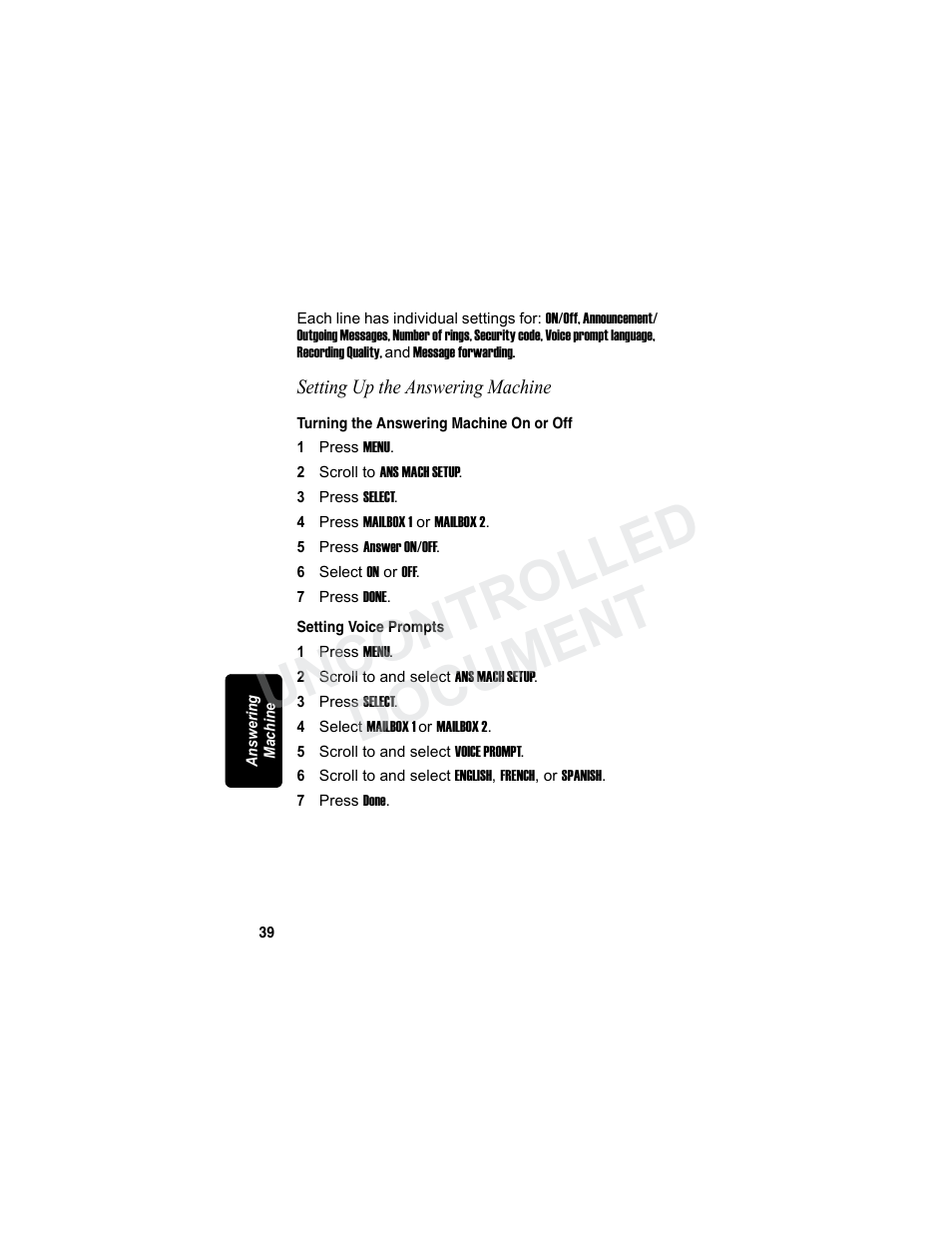 Setting up the answering machine, Turning the answering machine on or off, Setting voice prompts | Uncontrolled document | Motorola MD7080 Series User Manual | Page 55 / 68