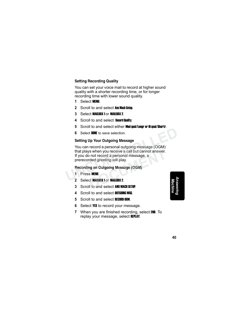 Setting recording quality, Setting up your outgoing message, Recording an outgoing message (ogm) | Uncontrolled document | Motorola MD7080 Series User Manual | Page 56 / 68