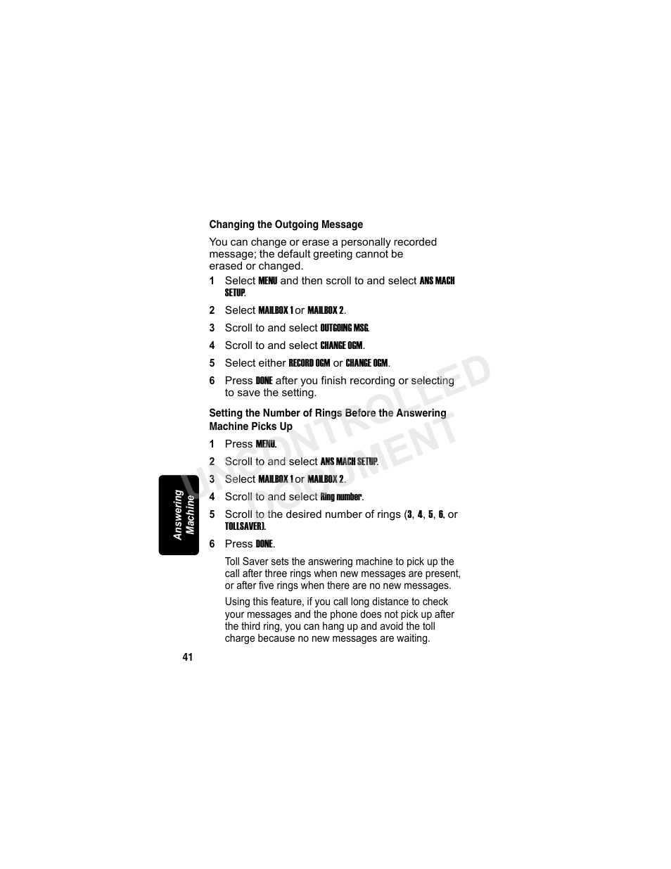 Changing the outgoing message, Uncontrolled document | Motorola MD7080 Series User Manual | Page 57 / 68
