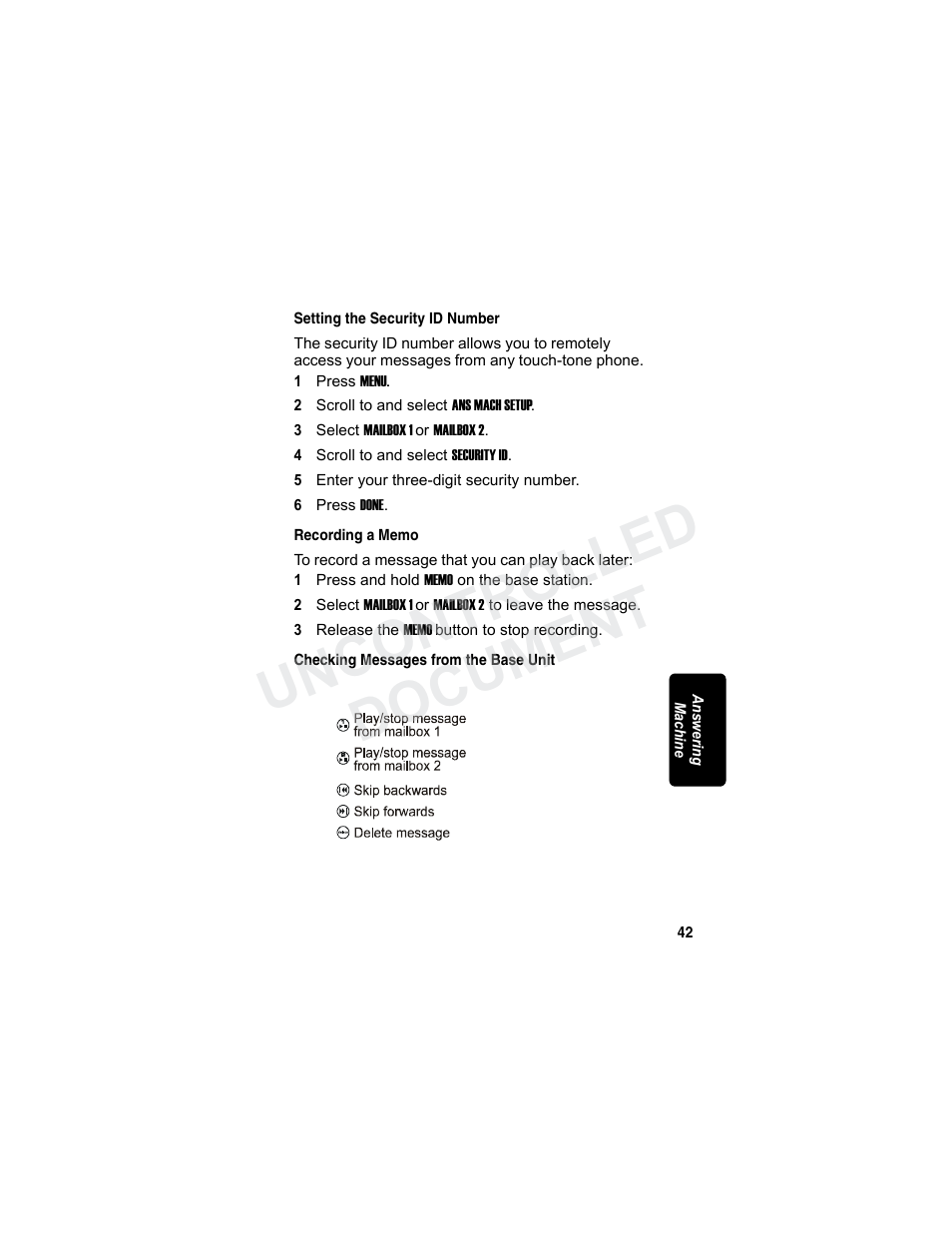 Setting the security id number, Recording a memo, Checking messages from the base unit | Uncontrolled document | Motorola MD7080 Series User Manual | Page 58 / 68